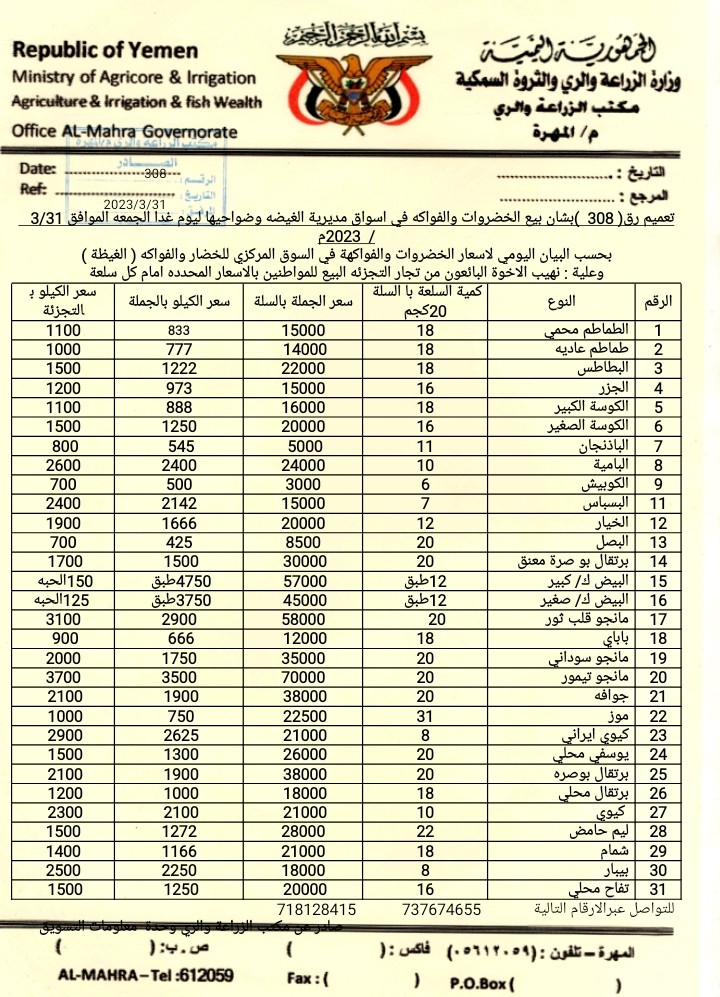 أسعار الخضروات والفواكه في المهرة اليوم الجمعة 